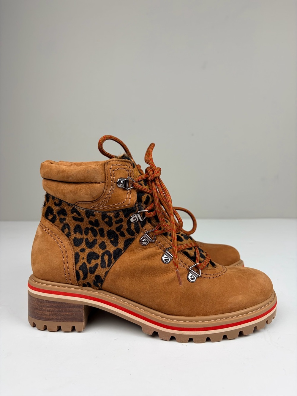 Schutz Keida Women’s 7.5B Leopard Calf Hair Nubuck Leather Hiking Boots Brazil